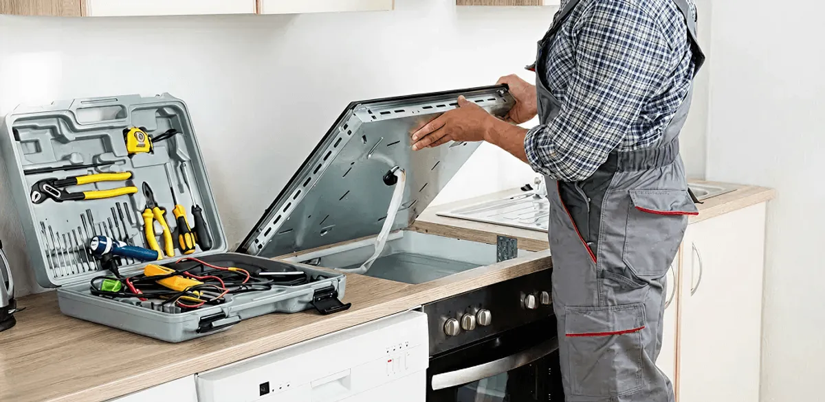 Handyman repairing a cooktop and checking wiring connections in Fort Wayne, IN