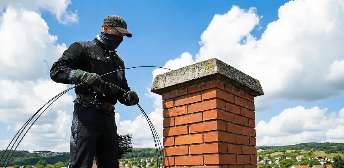 Chimney sweep cleaning a brick chimney with professional tools in Fort Wayne, IN
