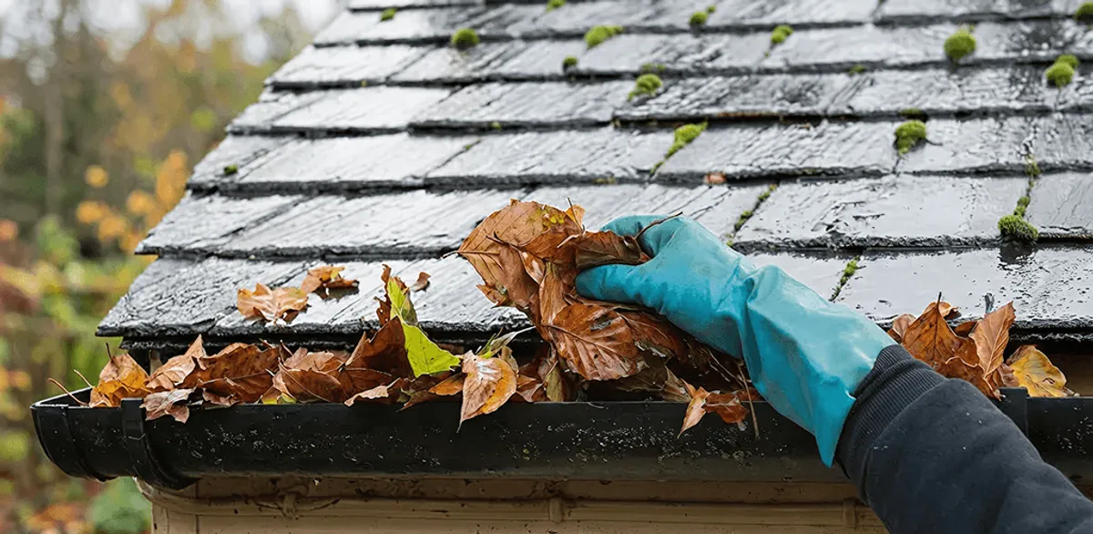 Gutter cleaning technician clearing wet leaves from roof gutters in Fort Wayne, IN
